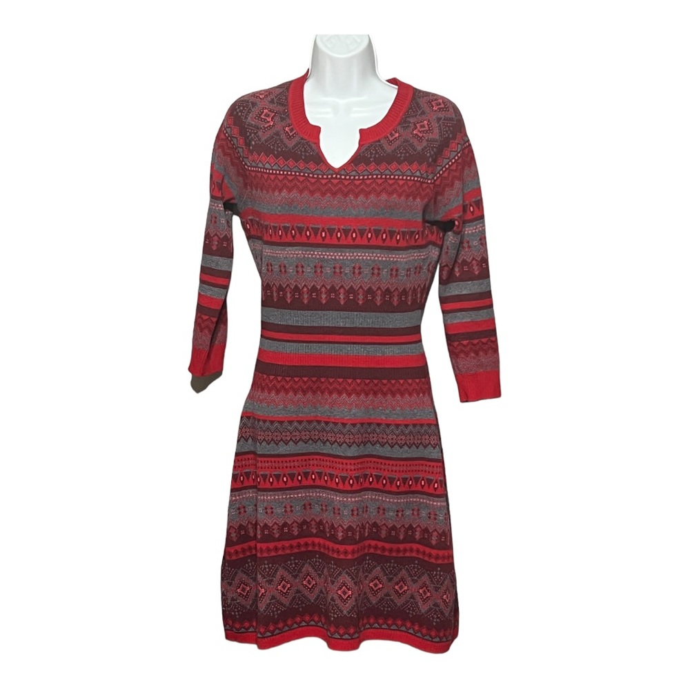 Athleta “Fara” Red FairIsle Sweater Dress Festive Winter Holiday Midi